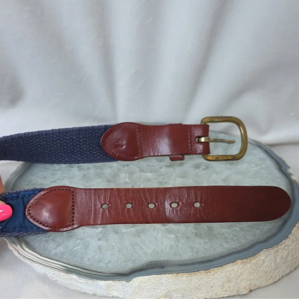 Vintage Mens Leather Man Ltd ribbon belt. Made in USA. Blue fish motif/Size 42